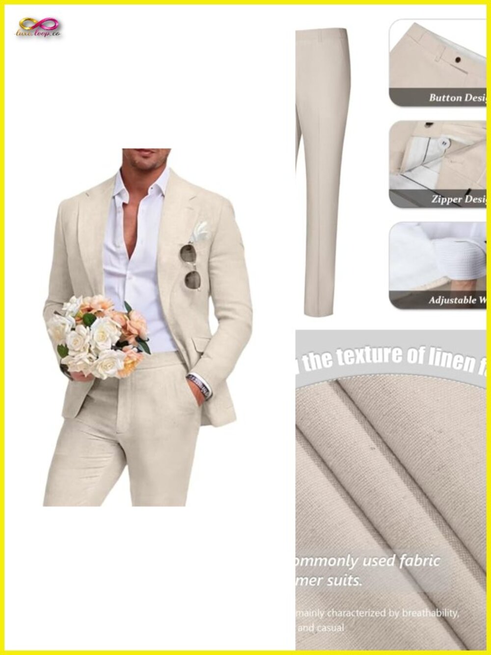 Men's 2 Piece Linen Suit Slim Fit Blazer and Pants Set
